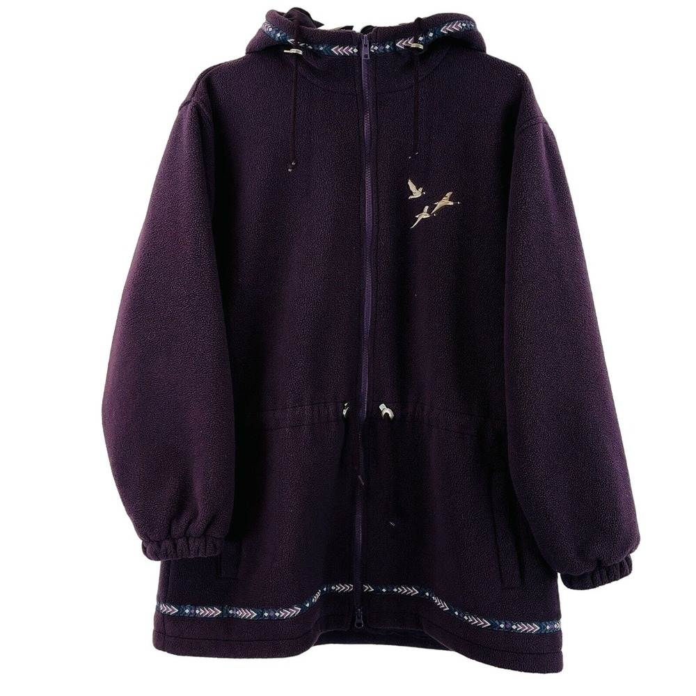 Womens L Cabela's Hooded Jacket Purple Fleece Autumn Log Cabin Geese Embroidery